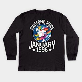 Happy Birthday 25 Years Old To Me Dad Mom Son Daughter Unicorn Surfing Awesome Since January 1996 Kids Long Sleeve T-Shirt